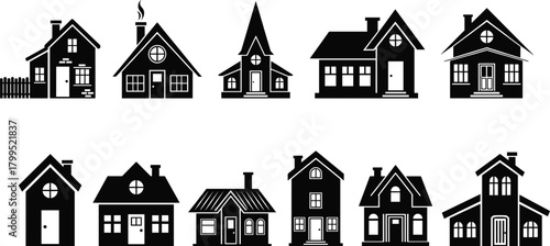 House silhouette vector set, black and white illustration, architectural style icons, residential building design, home structure template, real estate artwork