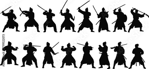 Martial arts sword silhouette vector set, black and white illustration, combat stance design, warrior pose template, fighting technique icon artwork