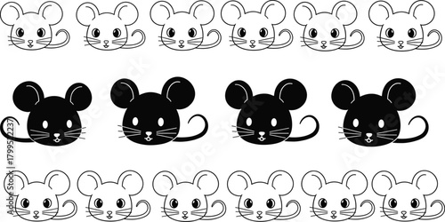 Mouse face silhouette vector set, black and white illustration, cartoon animal icons, cute rodent design, pattern template, children’s artwork graphic
