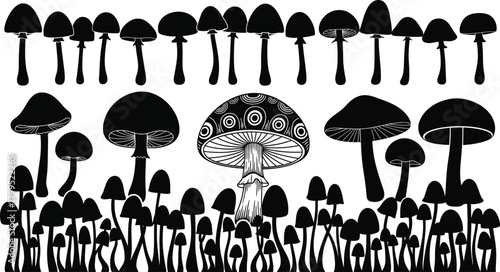 Mushroom silhouette vector set, black and white illustration, botanical fungus icons, forest plant design, nature template artwork, organic shape graphic