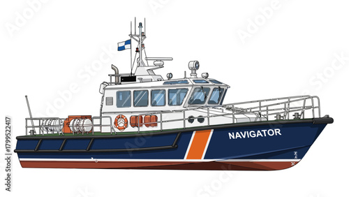 Pilot boat with name NAVIGATOR white superstructure blue hull orange stripe