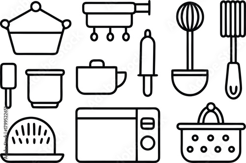 Kitchen utensils and appliances line art icons collection.