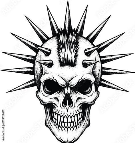 Punk skull vector illustration, black and white artwork, spiked mohawk design, rebellious character graphic, edgy tattoo icon, alternative style template