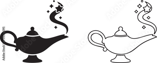 Magical genie lamp silhouette and outline isolated on transparent background