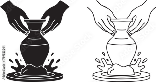 Hands shaping a vase on a pottery wheel silhouette isolated on transparent background