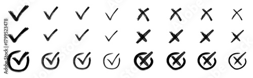 Check tick mark icon set. Cross box x check mark checkbox v list vector draw hand drawn sketch doodle brush marker checklist symbol wrong right circle. Vector alphabet letters and numbers vector, 