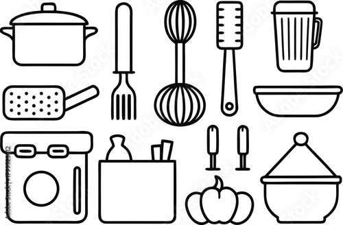 Set of kitchen utensils and food items, simple line art icons