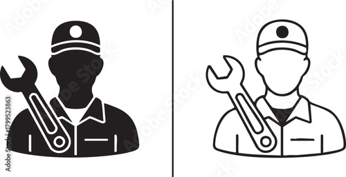 Mechanic silhouette and outline icon with wrench isolated on transparent background