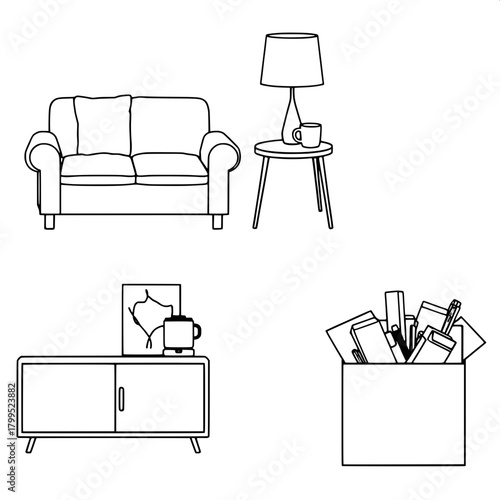 “Design a simple, shadow-free illustration showing four distinct interior items arranged in a grid: a cushioned two-seater sofa, a side table with a rice cooker and coffee cup, a veneer cabinet with a