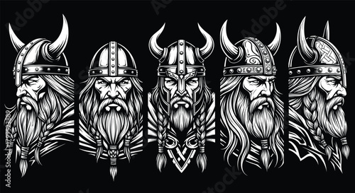 Canvastavla Viking warrior head vector set, black and white design, horned helmet illustrati
