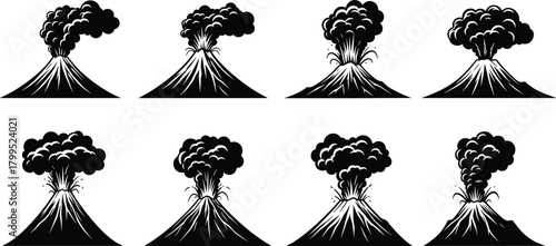 Photos Volcano eruption vector set, black and white design, smoke and ash stages, geolo