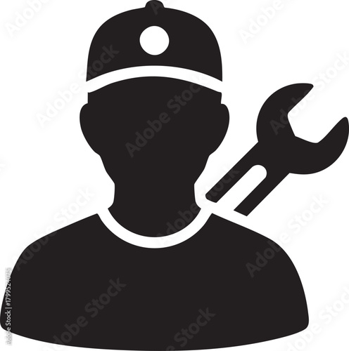 Mechanic silhouette icon with wrench isolated on transparent background