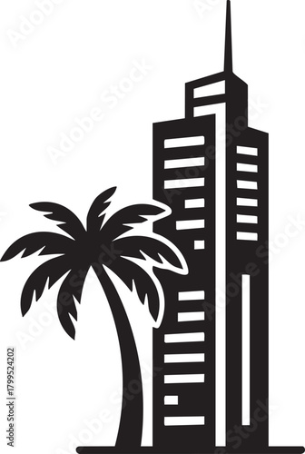 Modern skyscraper silhouette with palm tree isolated on transparent background