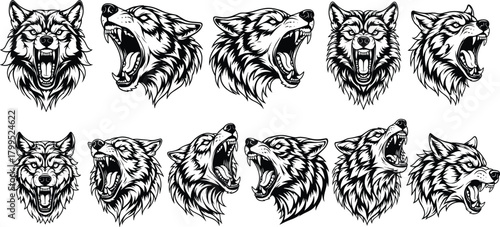 Wolf head vector set, black and white illustration, stylized animal expressions, fierce wildlife graphic, tattoo-style design, predator icon template