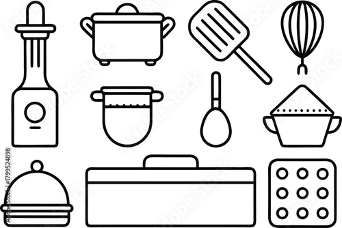Kitchen utensils and cookware icons set outline isolated on white
