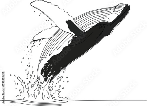 Humpback Whale Breaching Ocean Surface in Dynamic One Line Art Style