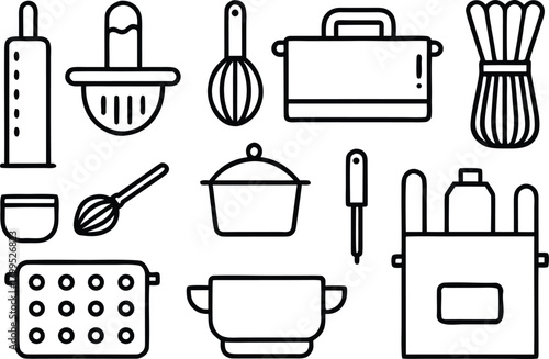 Collection of kitchen utensil icons with simple line art style