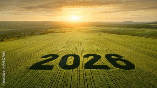 2026 Sunrise Landscape – Giant Year Shadow on Green Field – Scenic Nature New Year Concept
