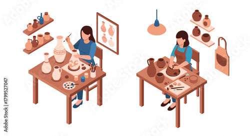 Creative pottery studio with artists crafting beautiful vases and pots, perfect for illustrating artistic hobbies and creative businesses