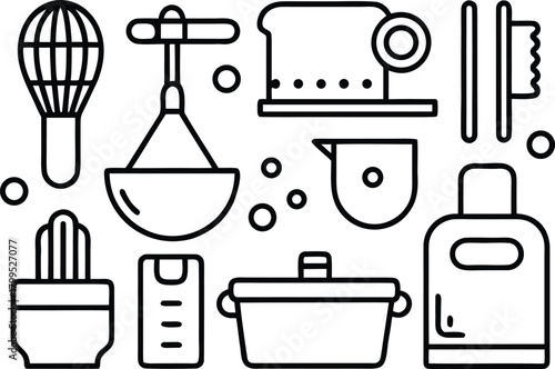 Kitchen utensil icons: whisk, juicer, pot, measuring cup, mixer, bottle