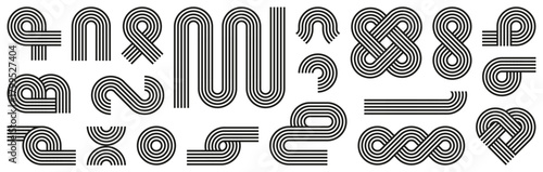 Geometric stripe shape collection with modern line loops and maze patterns. Minimal black and white concept for abstract artwork