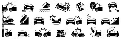 Car accident icon collection in solid black style. Crash and damage symbols for insurance, safety, and transport concepts