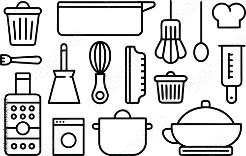 Collection of clean line art kitchenware and cooking utensils icons