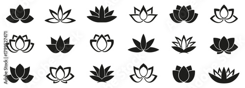 Lotus flower icon collection with minimalist black silhouettes. Meditation and spa symbols representing calmness and purity