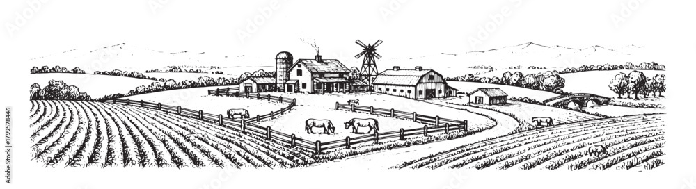 Fototapeta premium A black and white photo of a rural landscape with a windmill in the foreground. Concept of peace and tranquility, as the viewer is transported to a simpler time in the countryside