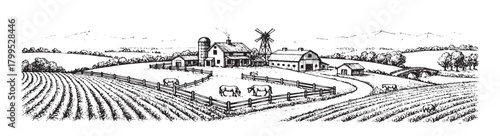 A black and white photo of a rural landscape with a windmill in the foreground. Concept of peace and tranquility, as the viewer is transported to a simpler time in the countryside