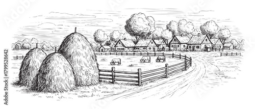 A black and white drawing of a rural scene with a road and a fence. The scene is peaceful and quiet, with a few animals grazing in the distance