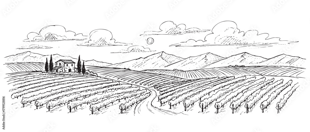 Fototapeta premium The image is a black and white drawing of a mountain range with a road running through it. The scene is peaceful and serene, with the mountains in the background. The drawing is done in a stylized