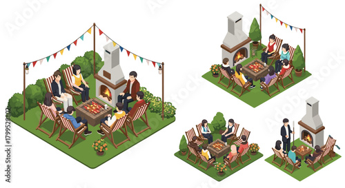 Relaxed friends gather around a cozy backyard fire pit for an evening of grilling and conversation, enjoying their time together outdoors