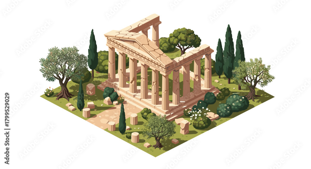Obraz premium An ancient Greek temple ruin with lush greenery in a tranquil isometric landscape, perfect for history, travel, or architectural projects