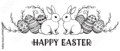 A black and white drawing of two rabbits sitting on eggs with the words Happy Easter written below them