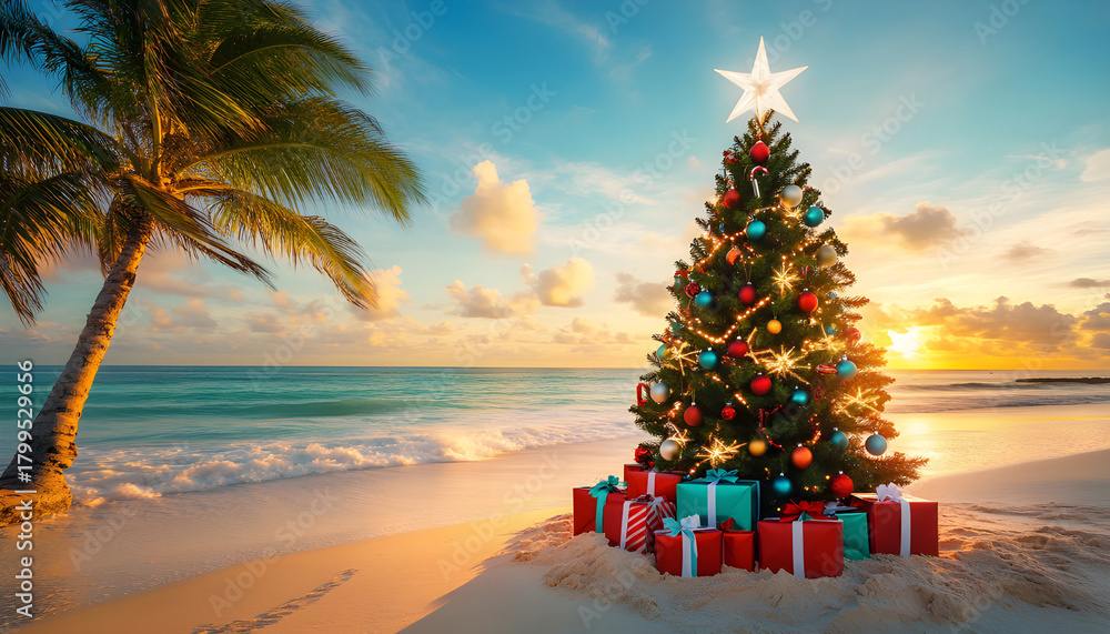Fototapeta premium christmas tree and gifts on the sandy beach