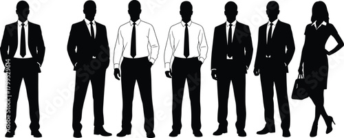 Business silhouettes of professionals in formal attire, standing confidently, corporate diversity, black figures, white background, minimal design concept