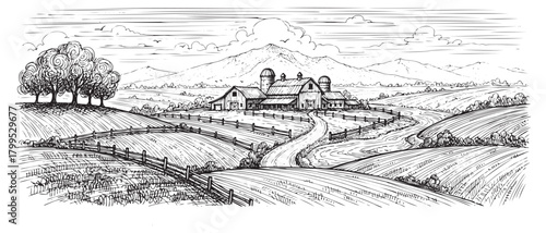 The image is a black and white drawing of a countryside scene with a road leading to a house. The landscape is filled with trees and mountains, creating a sense of tranquility and calmness