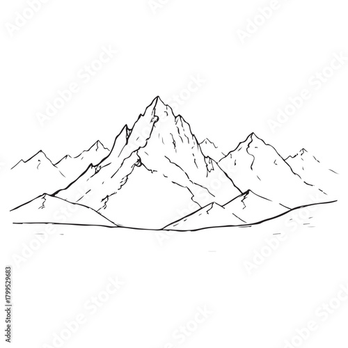 A mountain range is drawn in black and white. The mountains are tall and rocky, with snow-capped peaks. The scene is peaceful and serene, with a sense of grandeur and majesty