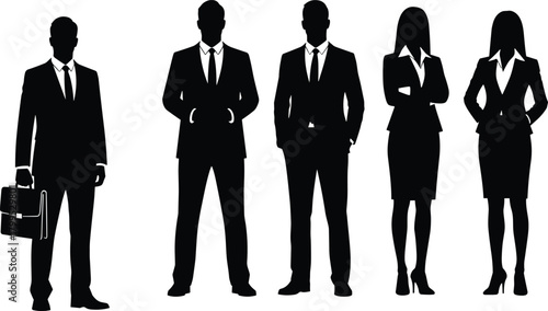 Business team silhouettes, professional attire, suits and skirts, briefcase, confident posture, black vector illustration, office people, leadership, teamwork, diversity