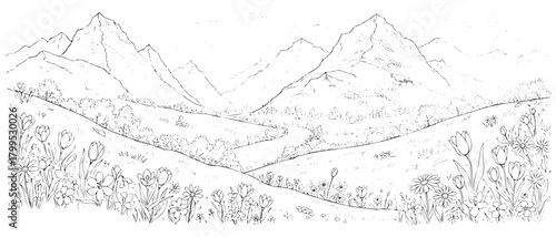 A mountain range with a river running through it. The mountains are tall and the valley is wide