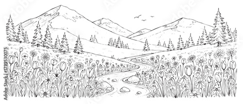 A mountain range with a river running through it. The mountains are covered in trees and the river is small