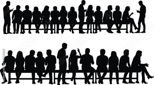 Silhouetted people sitting, standing, interacting on public benches, urban lifestyle, social behavior, minimal design, black figures, white background, modern art