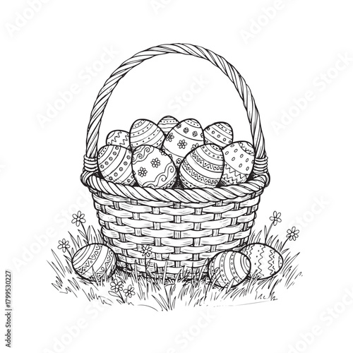 A basket full of Easter eggs is sitting in a field. The basket is woven and has a handle. The eggs are of different sizes and colors, and some of them are broken. The scene is peaceful and serene