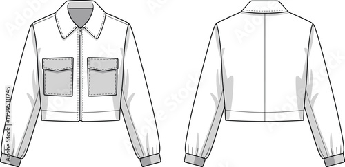 Cropped jacket sketch, fashion illustration, technical drawing, front and back view, pointed collar, patch pockets, zipper closure, garment template, clothing 