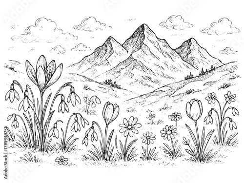A mountain range with a field of flowers in the foreground. The flowers are in various stages of bloom, including some that are wilting