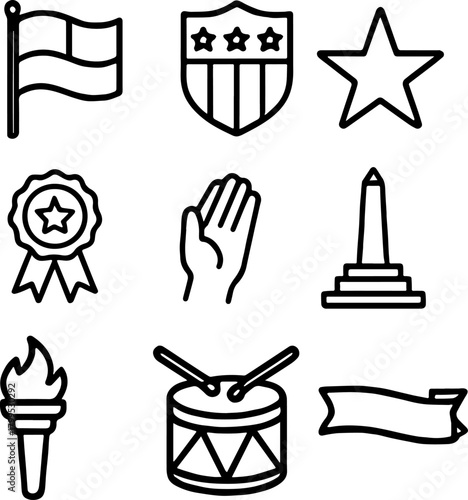 Patriotic symbols representing american values displayed as line art on white backdrop conveying national pride and heritage.