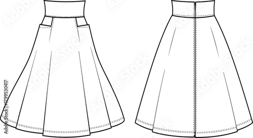 Fashion sketch, technical drawing, skirt design, front view, back view, A-line silhouette, waistband detail, garment construction, pattern making, apparel 