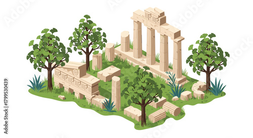 Ancient Greek ruins with trees in a stunning isometric view, perfect for history lessons and travel guides, a vibrant and elegant landscape