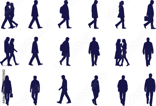 Silhouettes of walking people in motion, urban lifestyle, diverse postures, minimal design, blue figures, white background, modern behavior study